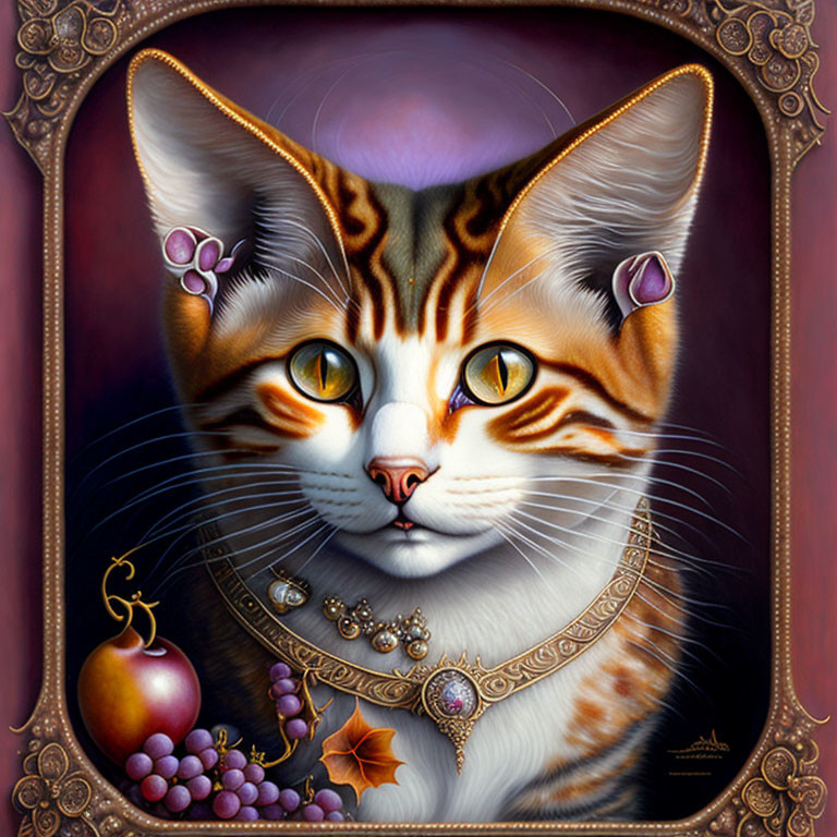 Detailed painting of a stylized cat with amber eyes and jewelry, surrounded by grapes, a leaf,