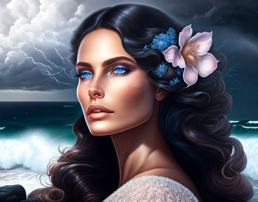 Portrait of a woman with blue eyes and floral hair against stormy ocean.