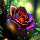 Colorful digitally-enhanced rose with red to purple gradient and gold edges on bokeh light backdrop