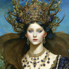 Regal woman with golden headdress and blue eyes