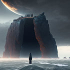 People on misty beach gaze at towering cliff with large planet in background.