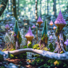 Enchanting forest scene with mushroom-like trees and magical ambiance