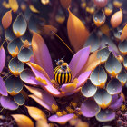 Vivid surreal bumblebee on colorful leaves with intricate patterns.