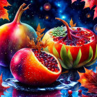 Digital artwork: Hyper-realistic fruits, flowers, and water droplets in cosmic setting