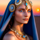 Regal woman with blue eyes in ornate headdress and gold jewelry on twilight sky