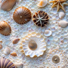 Intricately detailed seashells and starfish on textured surface