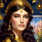 Fantasy queen with golden crown in enchanted forest setting