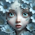 Digital Art: Woman's Face with Teal Flowers and Leaf Patterns