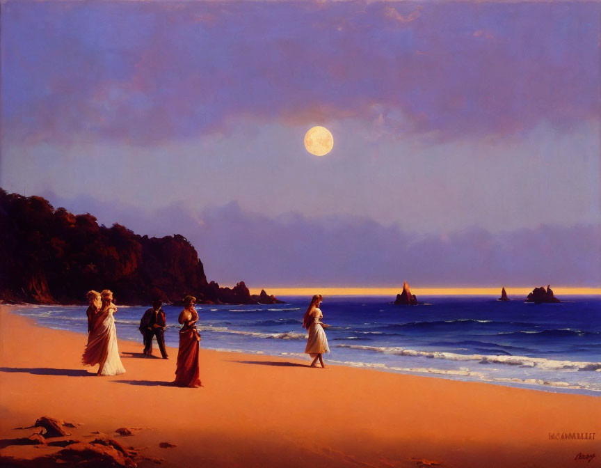 Twilight beach painting with full moon and distant rocks