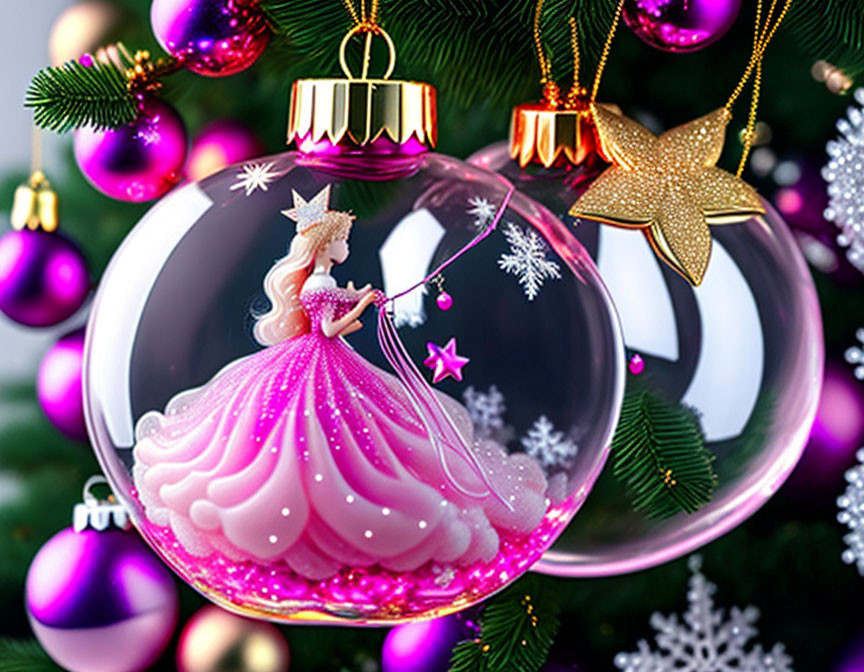 Shiny Baubles and Gold Stars on Christmas Tree with Fairy Design