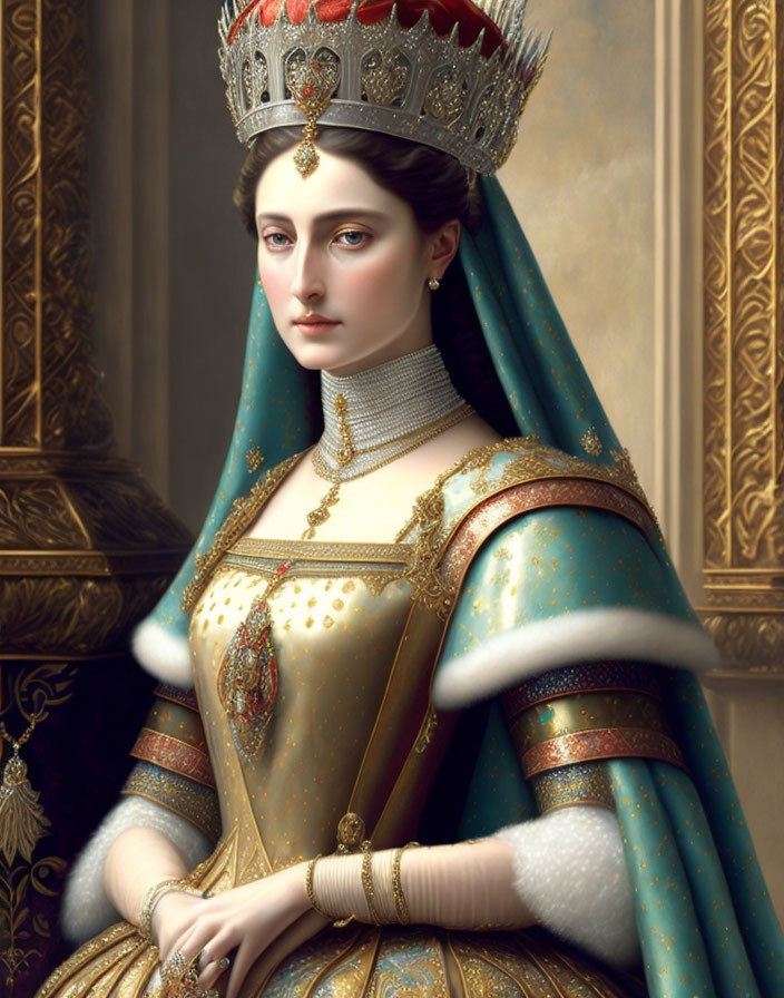 Regal woman in bejeweled crown and ornate dress against vintage interior.