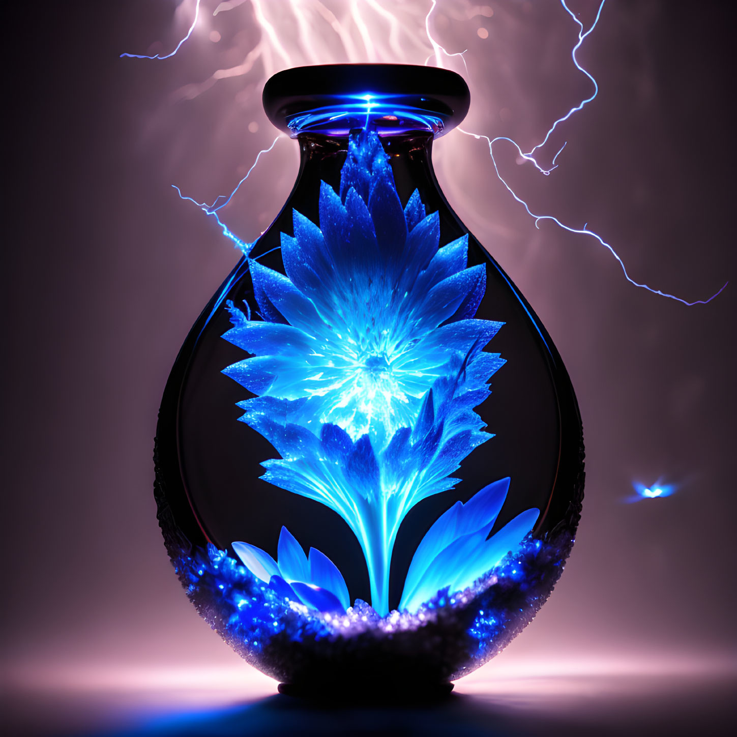 Blue luminescent flower in glass vase with lightning on dark backdrop