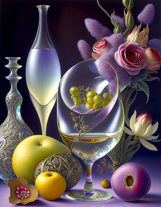 Ornate glassware, vibrant flowers, grapes, lemon, and decorative objects in elegant still life