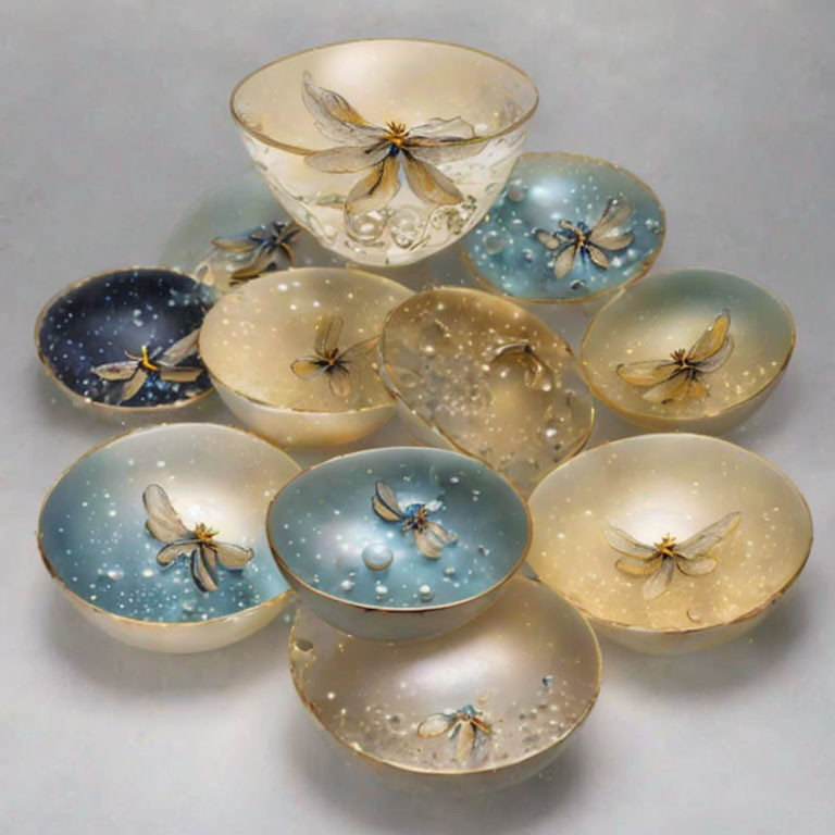 Hand-painted dragonfly-themed bowls and cup in blues, greens, and earthy tones