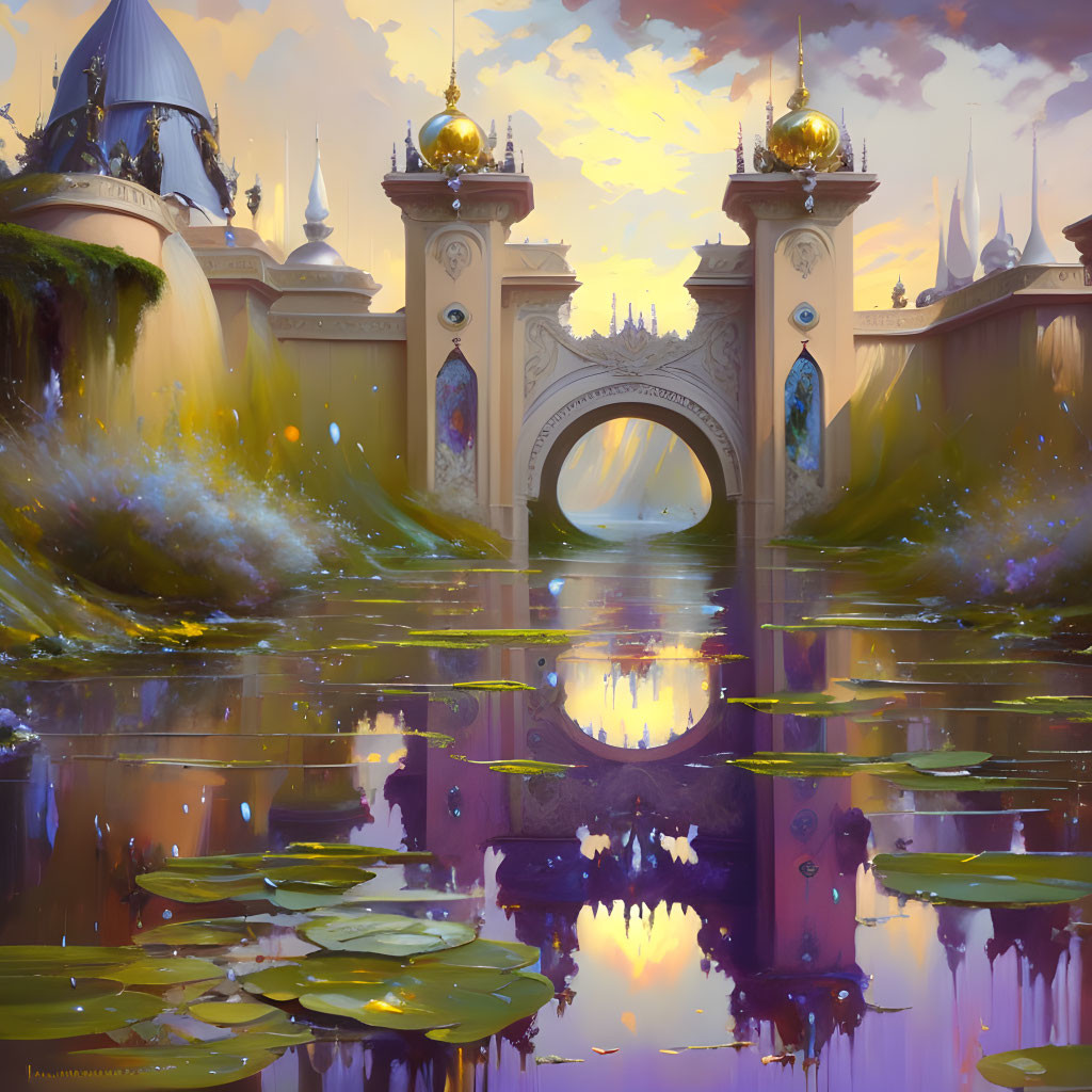 Fantastical palace with spires and golden orbs in a purple-hued landscape