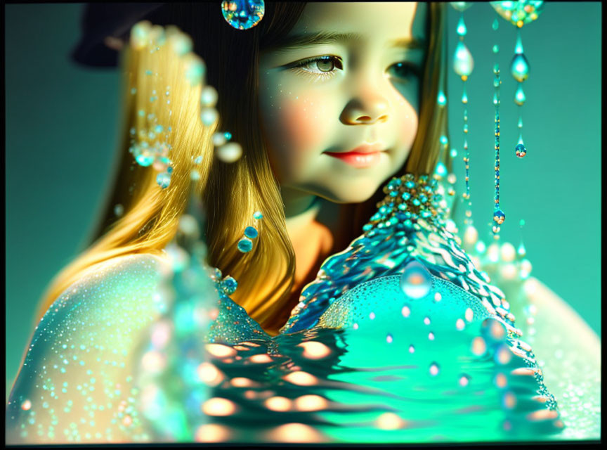 Serene young girl in vibrant turquoise liquid droplets with greenish-blue light