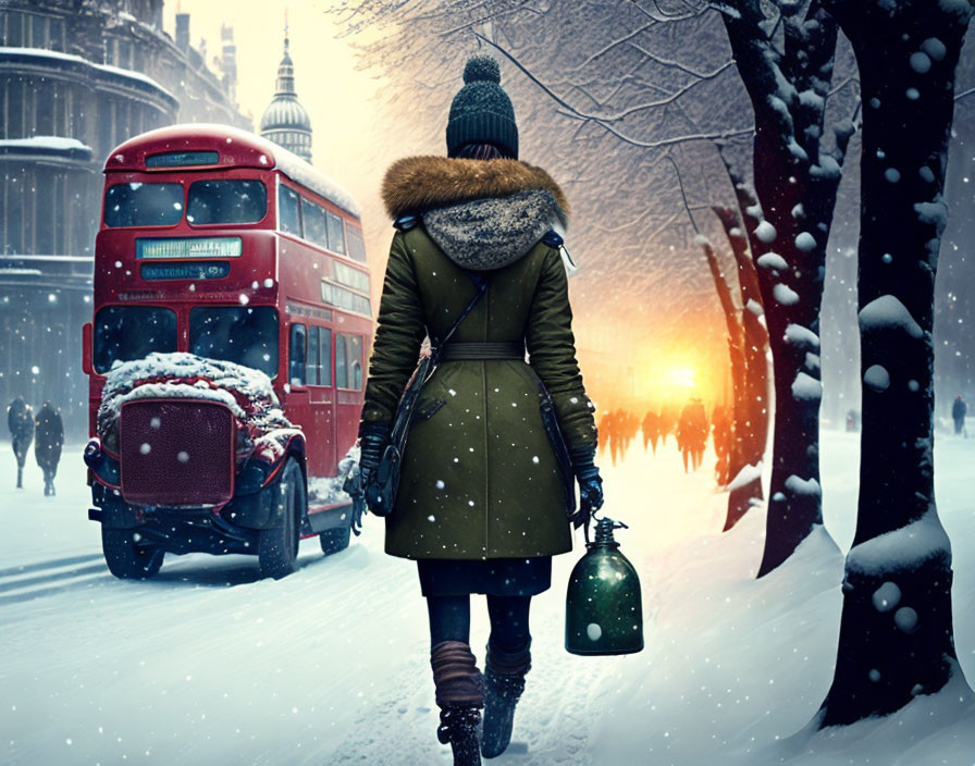 Person in winter coat walking on snowy street at sunset with red bus and snow-covered trees