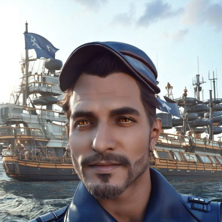 Realistic 3D-rendered man with captain's hat, beard, and fleet of ships at