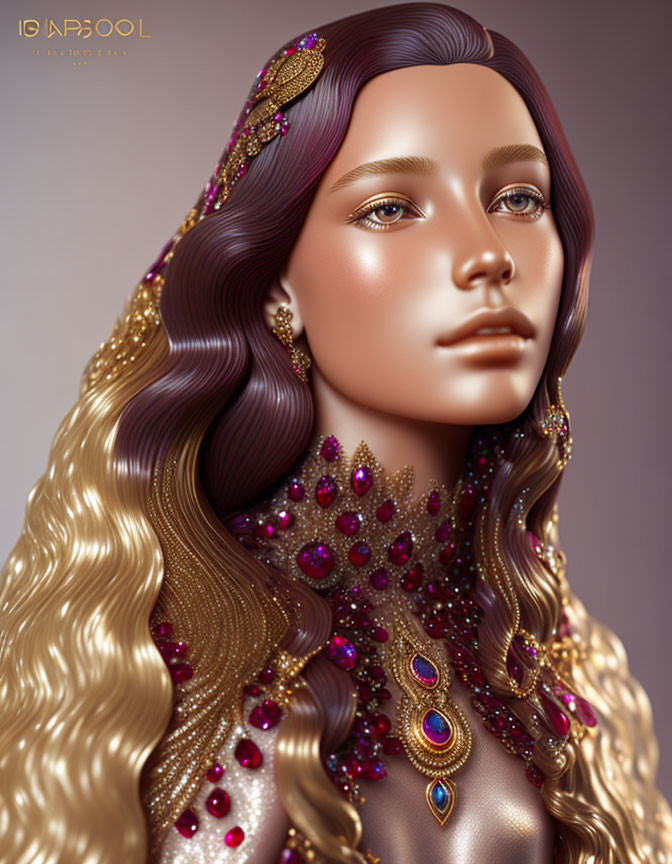 3D-rendered female figure with wavy brown hair and gem-encrusted peacock feather