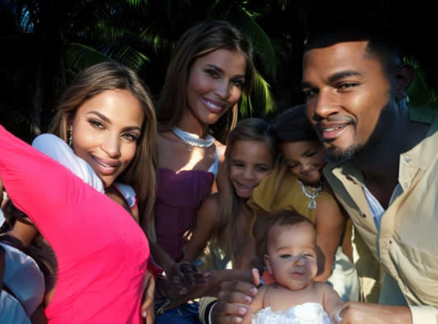 Family of six smiling outdoors with trees