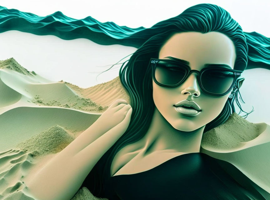 Stylized illustration: Woman with sunglasses, flowing hair, sand dunes, waves