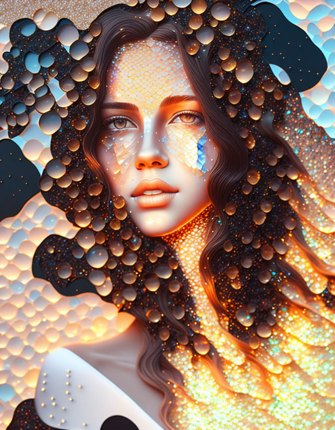 Vibrant digital artwork of woman with glittering hair and patterned spheres