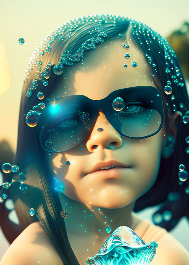 Young Girl with Sunglasses Surrounded by Floating Bubbles in Sunlit Scene