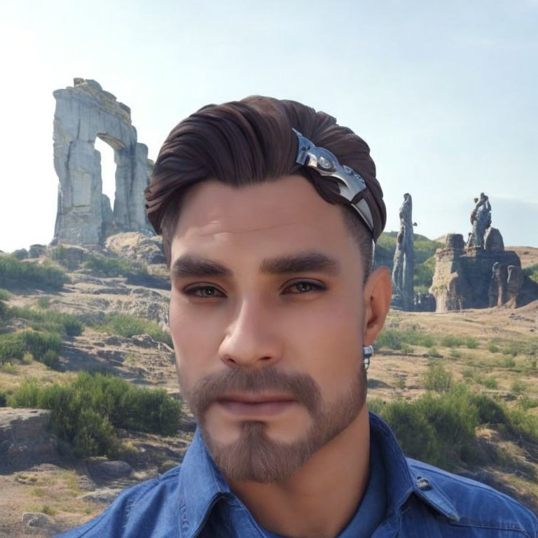 Bearded man in blue shirt with sunglasses on head, standing near rock formations