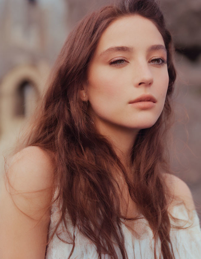 Young woman with long brown hair in serene close-up portrait.