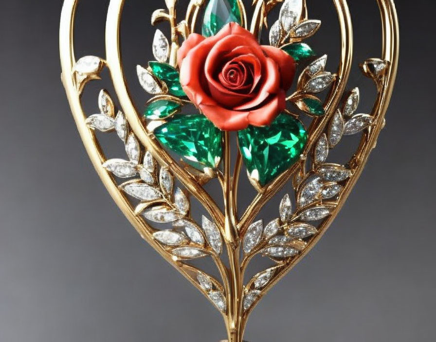 Heart-Shaped Brooch with Red Rose Center and Gemstone Accents