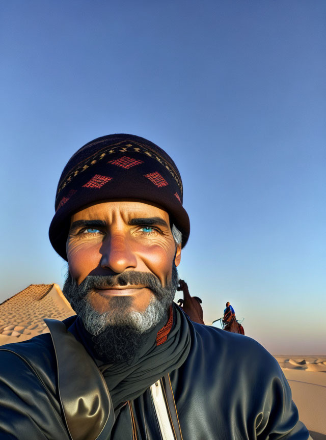 Bearded man in beanie in desert with sand dunes and camels at sunset