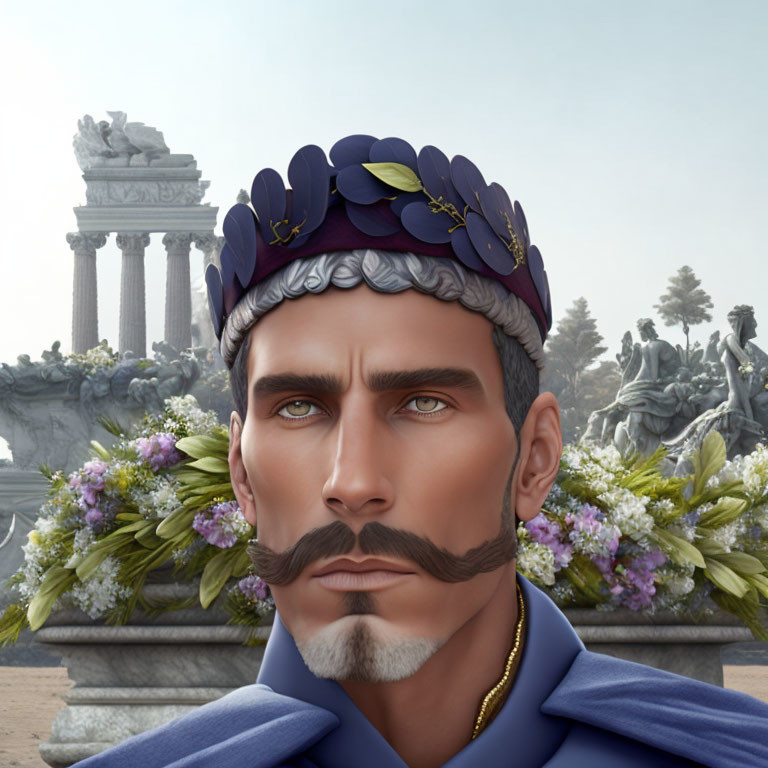 Regal man with laurel wreath crown in 3D illustration