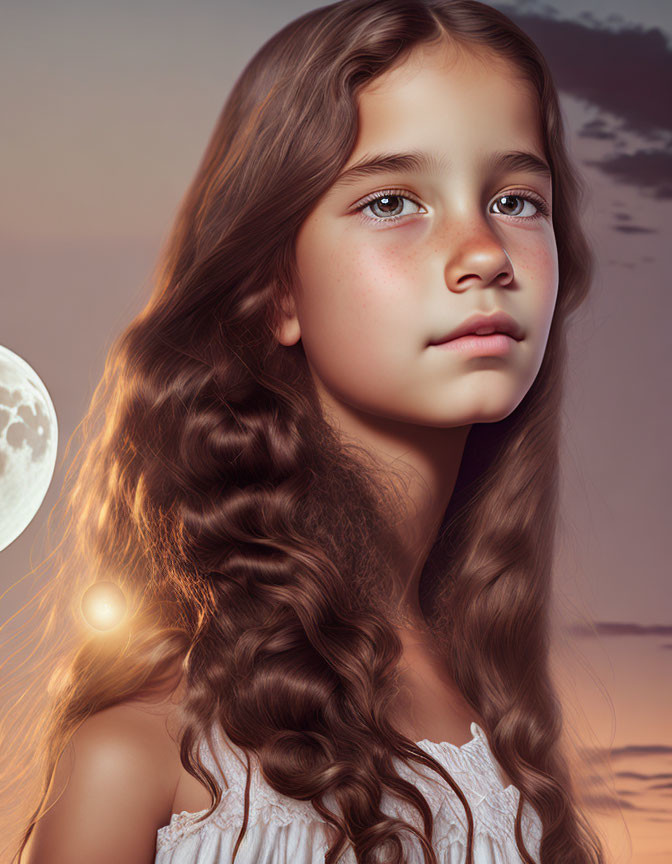 Young girl with long wavy hair under twilight sky