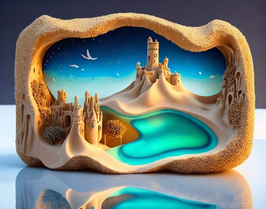 Fantastical castle and landscape carved on bread loaf.