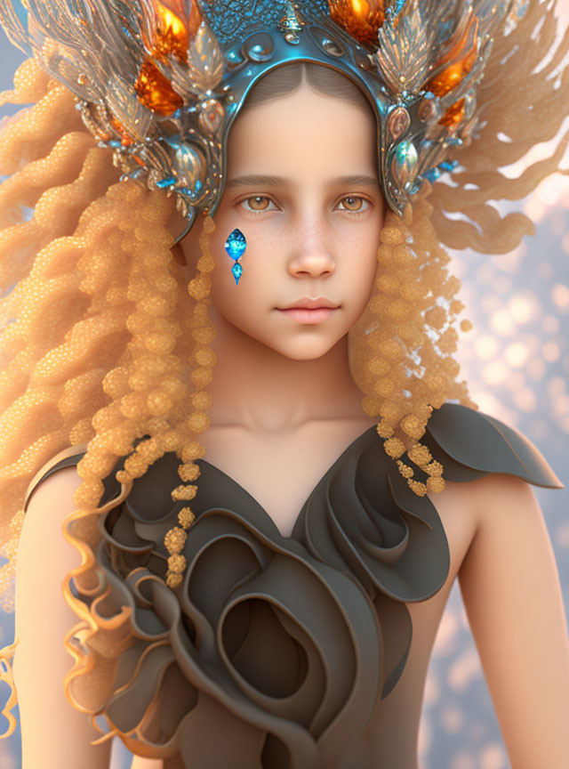 Young girl with curly golden hair and blue jewel in ornate headpiece.