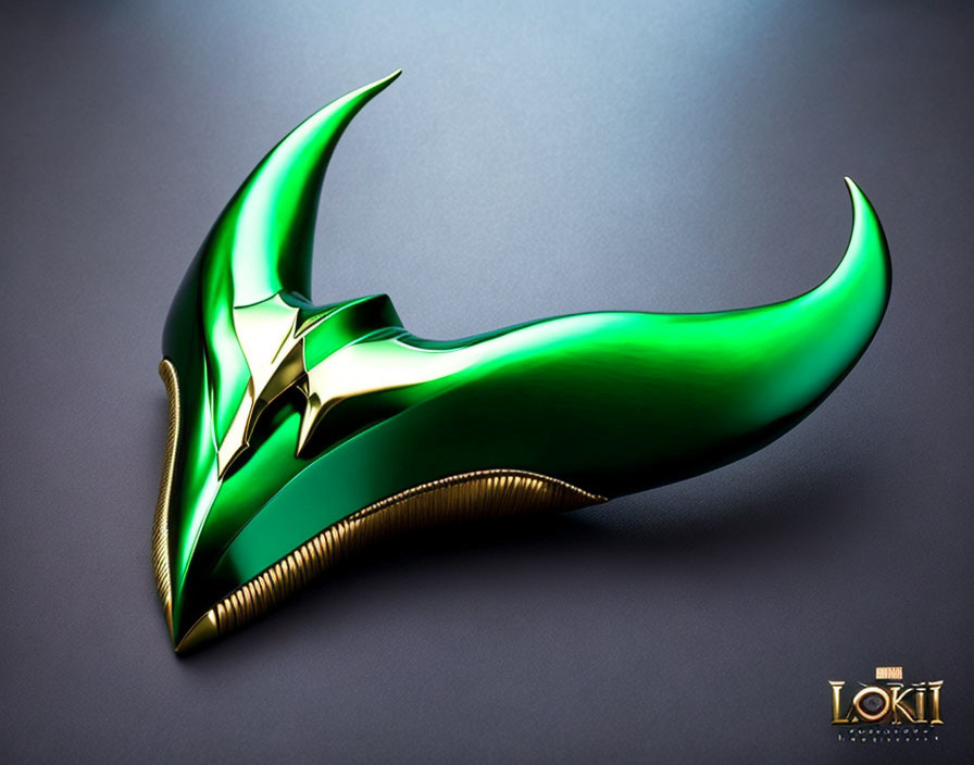 Iconic green and gold helmet with curved horns on dark background and name "LOKI" displayed