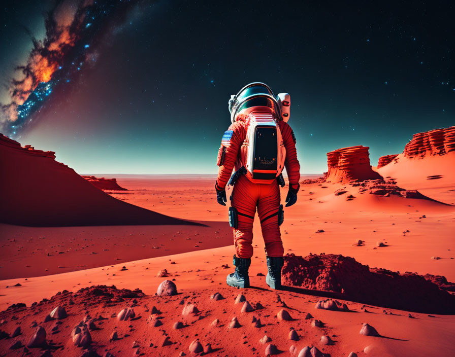 Astronaut exploring red desert landscape under starry sky