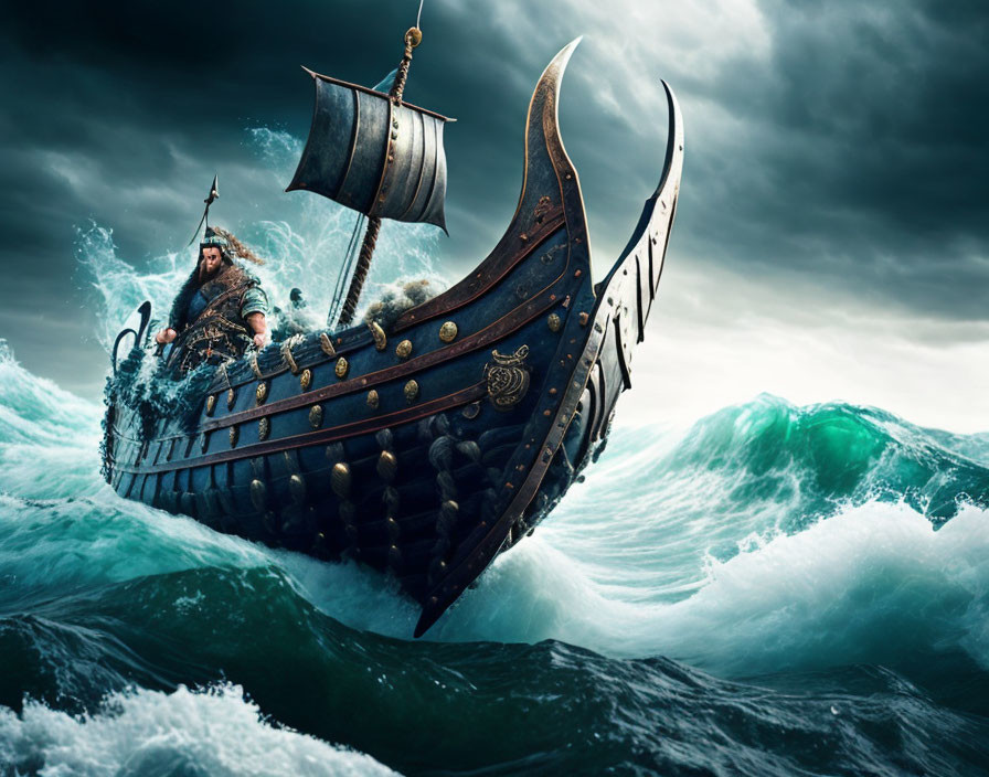 Viking ship sailing stormy seas with bearded warrior.