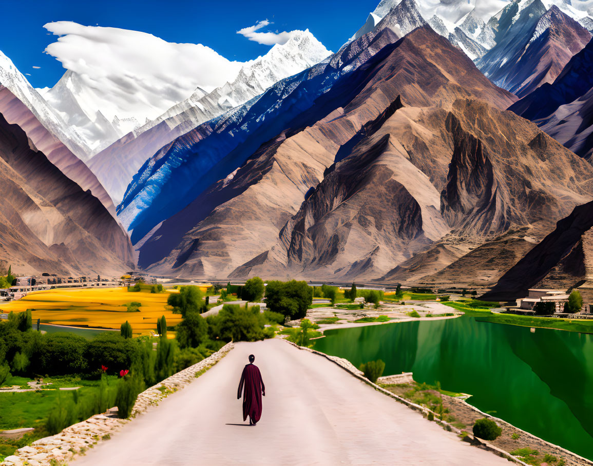 Person walking towards towering mountains in vibrant valley with blue lake