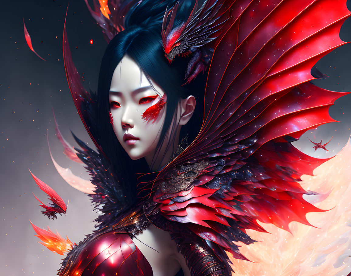 Digital art: Person with red phoenix wings in ethereal setting