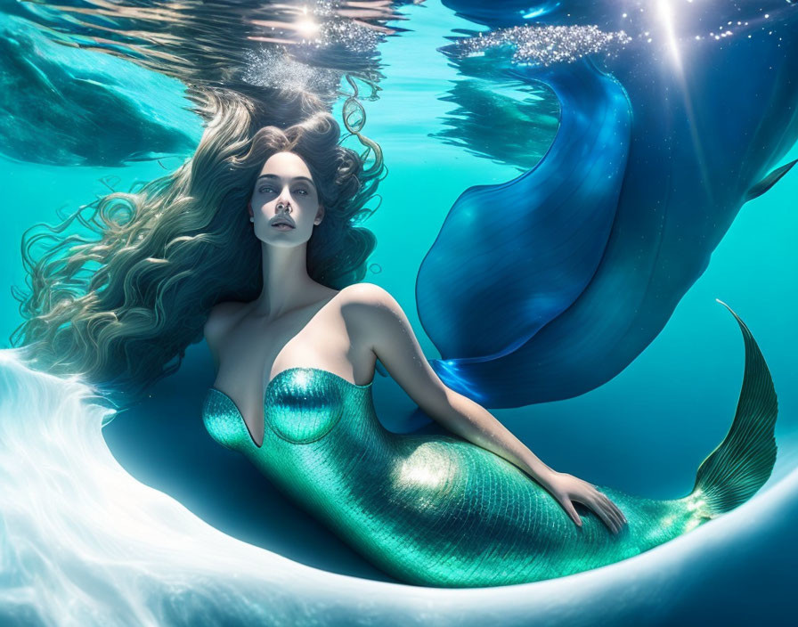 Surreal underwater scene: mermaid with flowing hair and whale tail in blue hues