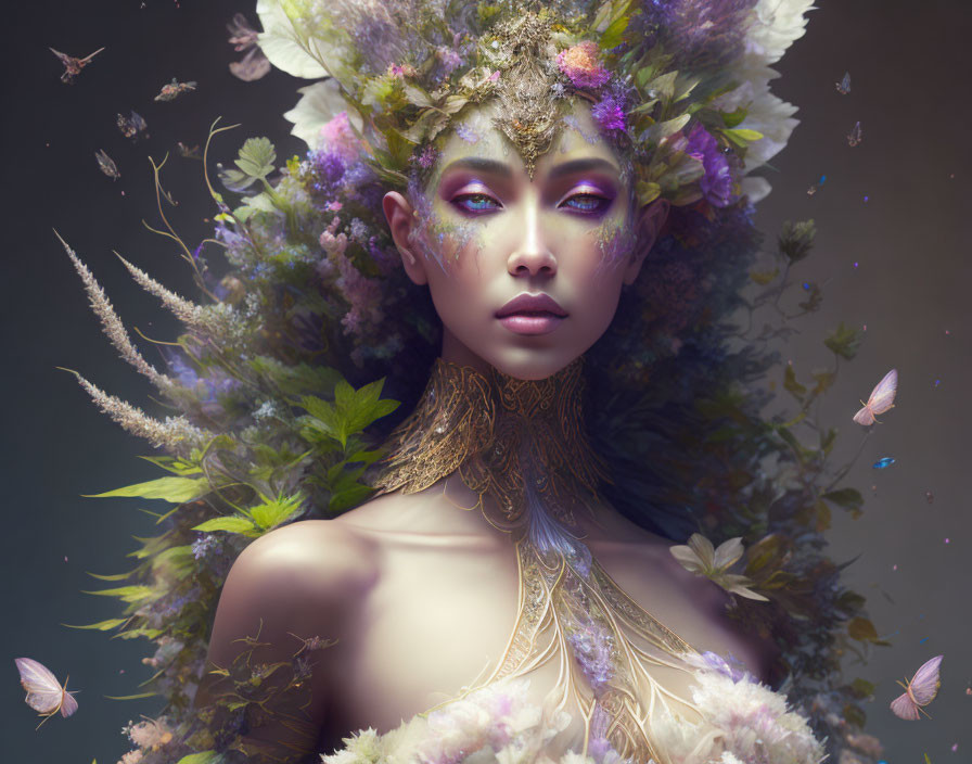 Fantastical portrait of a woman with lush flora, elaborate makeup, and golden jewelry.