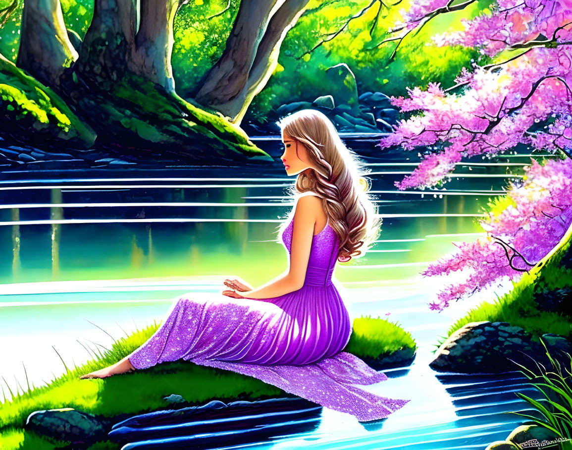 Woman in Purple Dress by Serene Lake with Blossoming Trees