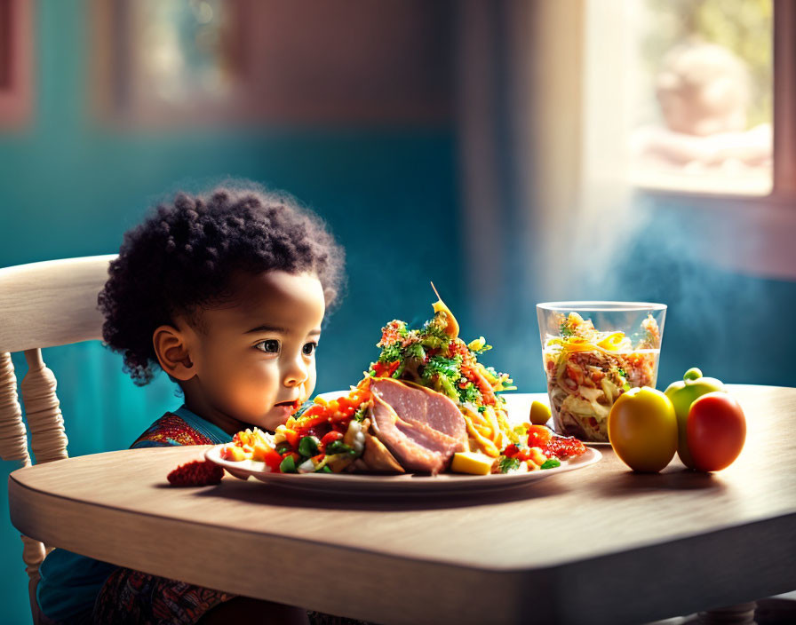 Curly-Haired Child Looking at Colorful Plate with Tomatoes