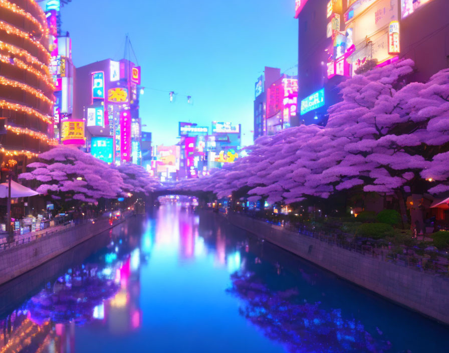 Cityscape at Dusk: Neon Signs, River Reflections, Cherry Blossoms