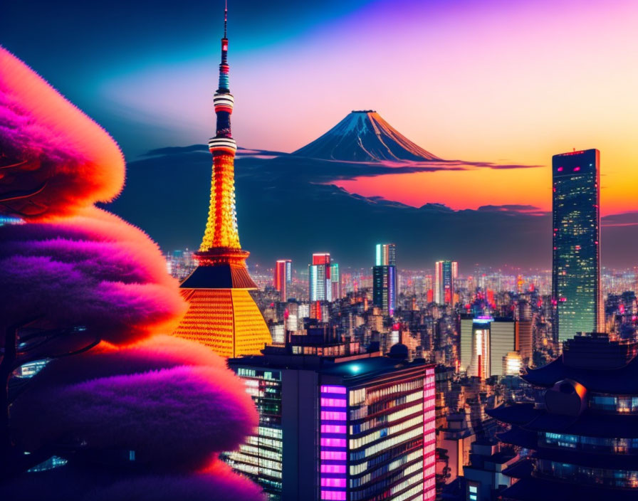 Tokyo Tower and Mt. Fuji in colorful cityscape at dusk