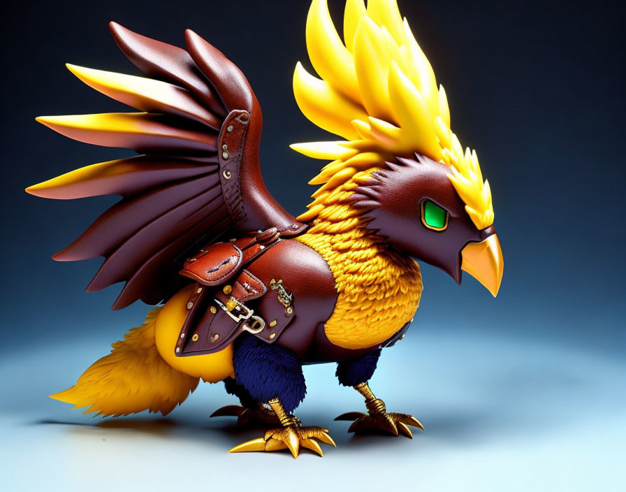 Fantasy bird with yellow and orange plumage and metallic talons