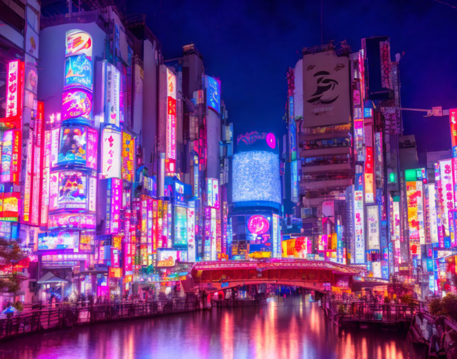 Colorful night scene of bustling city district with neon signs and river reflections