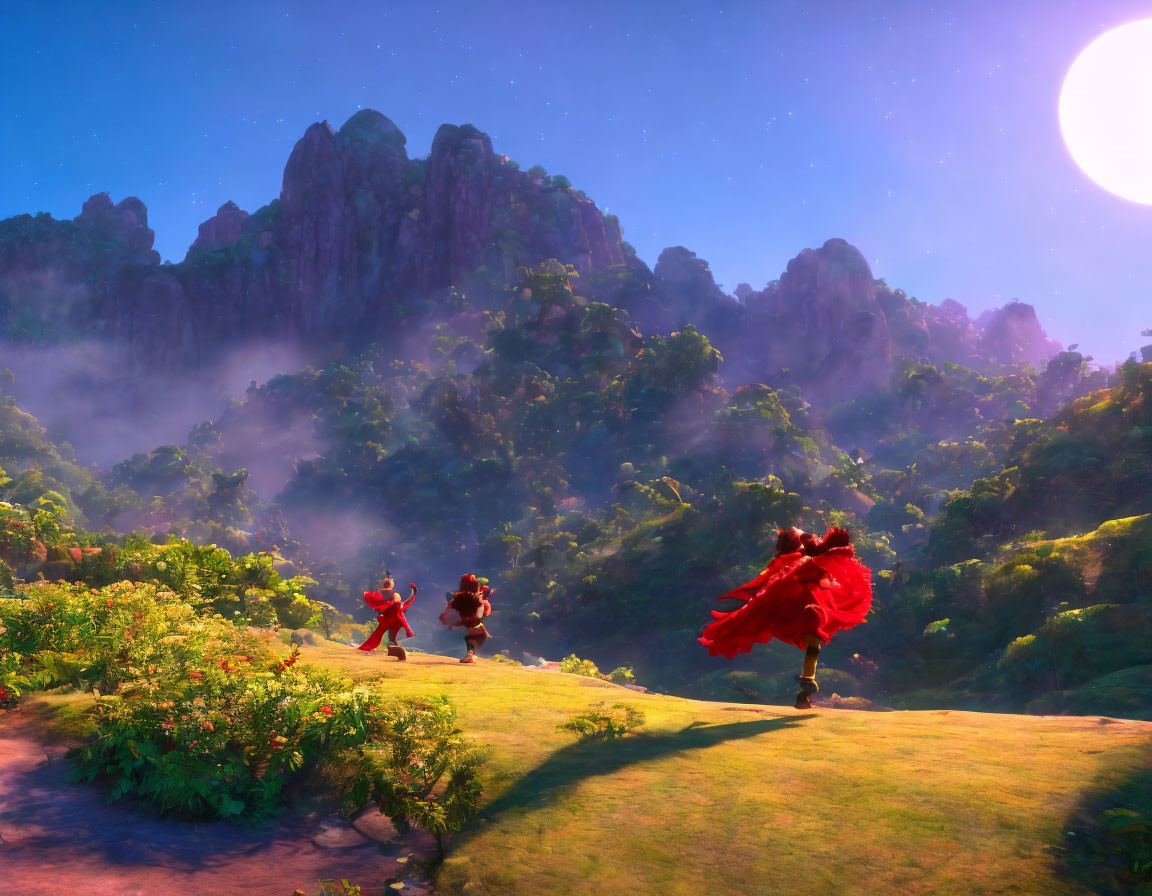 Colorful animated characters running in vibrant mountain landscape