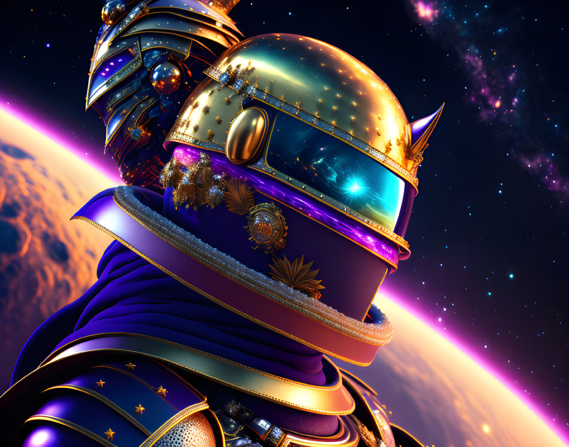 Futuristic knight in ornate armor on cosmic background